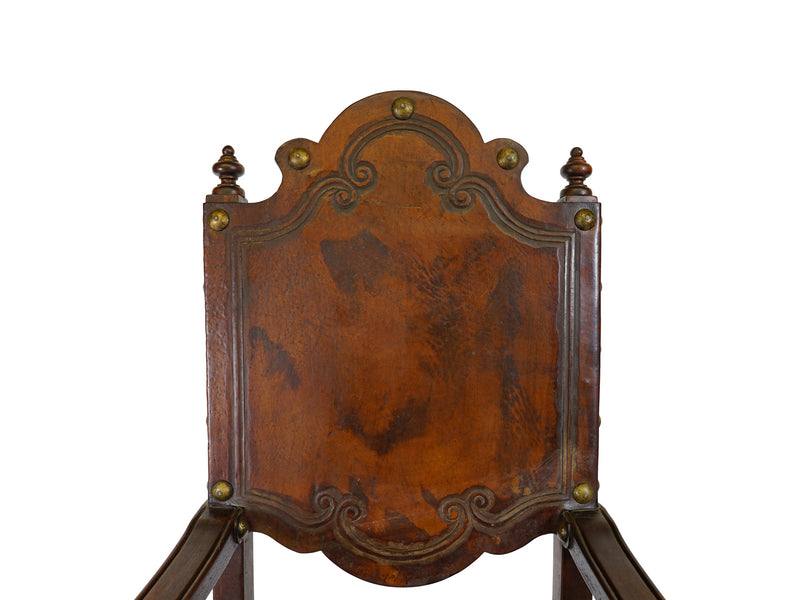 via Romani Portuguese style hand-tooled leather wood armchair